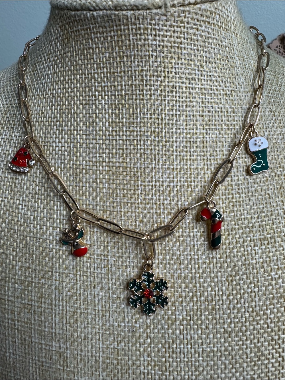 Gold-Tone Holiday Charm Necklace with Green & Red Enamel Accents